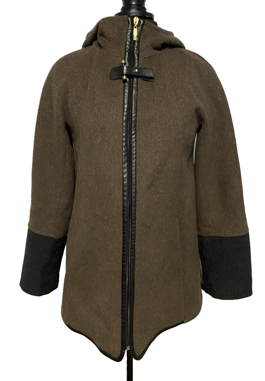 Ellen Tracy Womens Wool Blend Hoodie Jacket Size 2 Brown wBlack Cottage Core